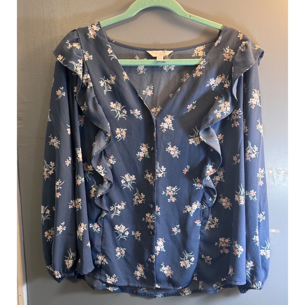 LC Lauren Conrad Blue‎ Floral Ruffle V-Neck Button Front Blouse XXL